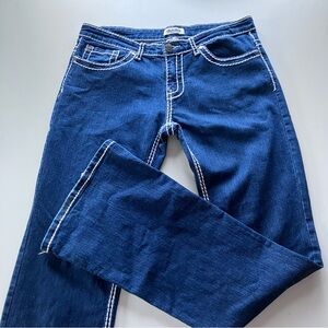 👖Y2K White Contrast Stitch Dark Wash Bootcut Mcbling Denim Jeans-Size 5